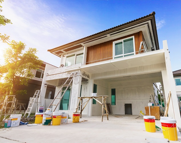 Exterior view of new house under construction and painting.House Painting in morning